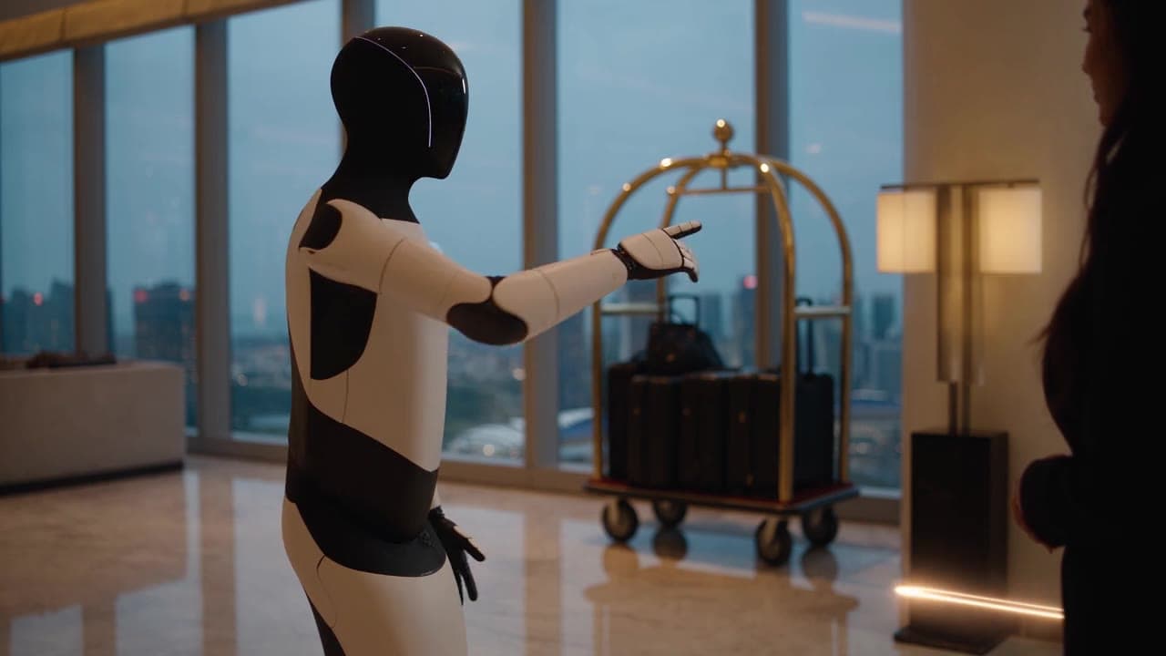 A humanoid robot gesturing toward a luggage trolley in a hotel lobby