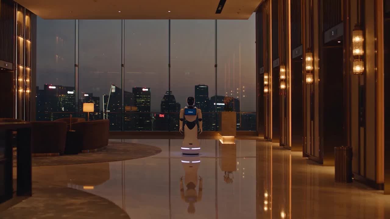 A service robot standing in a hotel lobby