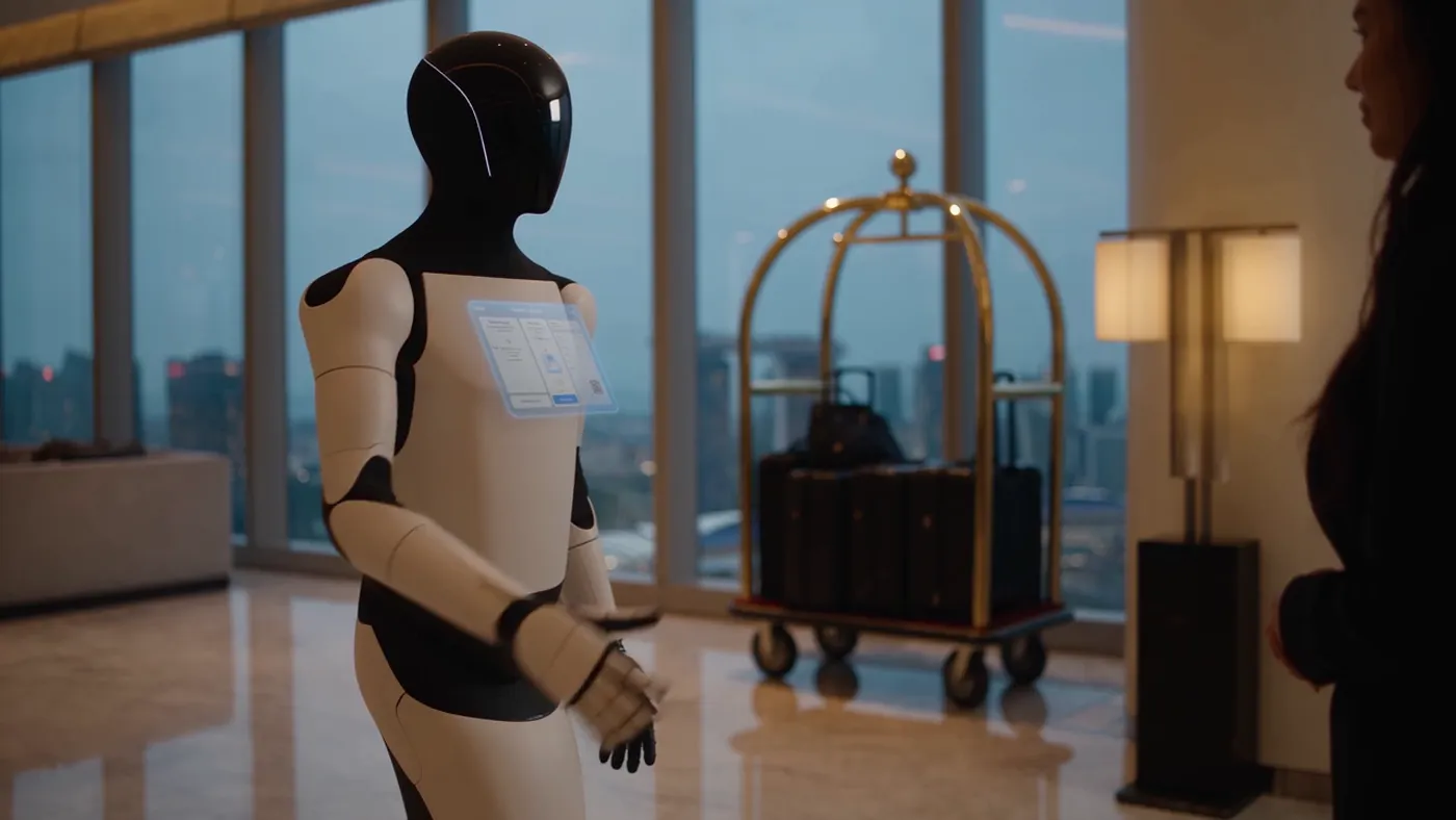 Illustrative frame of an Adam humanoid greeting a guest in a Singapore lobby, with a luggage cart and the Marina Bay skyline